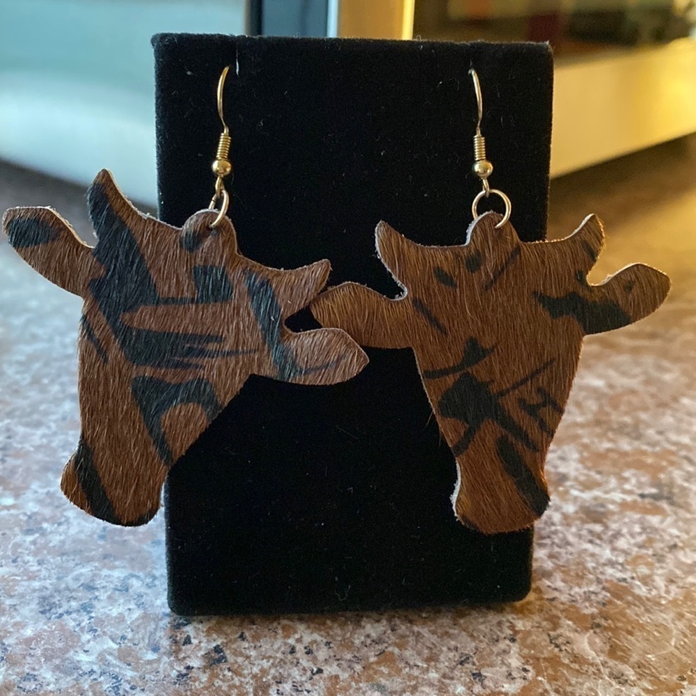 LARGE brown calf hide leather cow head dangle on French wire earrings